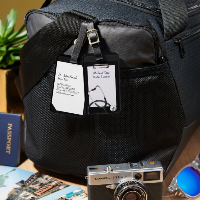 Black Medical Clipboard with Stethoscope Luggage Tag (Front & Back)