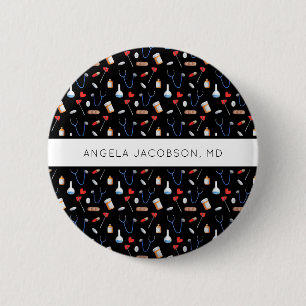 Black Medical Equipment Pattern Doctor Nurse 2 Inch Round Button