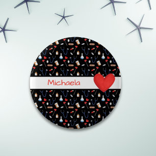Black Medical Equipment Pattern Red Heart 2 Inch Round Button