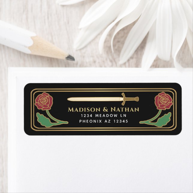 Black Medieval Fantasy Gold Sword Wedding Label (En situation)