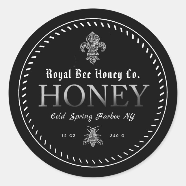 Black Medieval Fleur Des Lis Honey Label with Bee (Front)