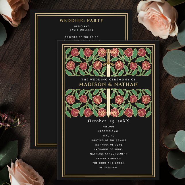 Black Medieval Gold Floral Sword Royal Wedding Program (Creator Uploaded)