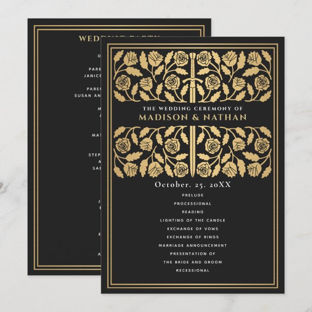 Black Medieval Gold Sword Royal Wedding Program (Front/Back)