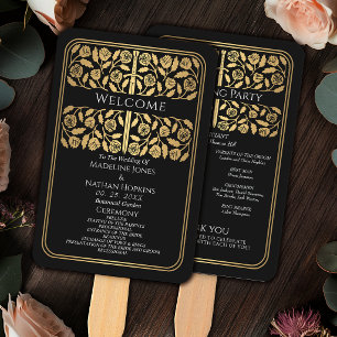 Black Medieval Gold Sword Royal Wedding Program Hand Fan