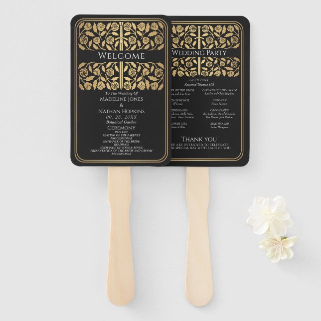Black Medieval Gold Sword Royal Wedding Program Hand Fan (Front and Back)