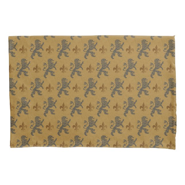Black Medieval Lions Fleurs Pillowcase (Front)