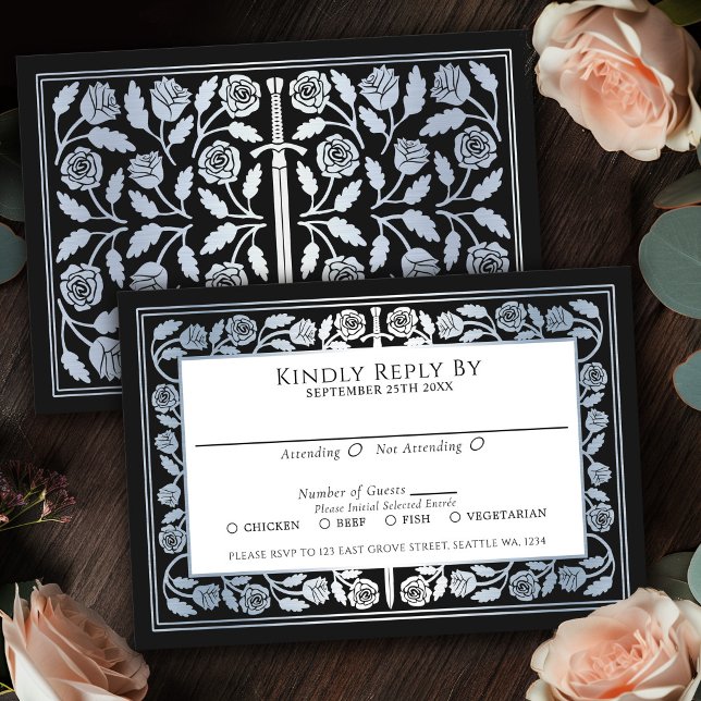 Black Medieval Silver Sword Royal Wedding RSVP Card (Creator Uploaded)
