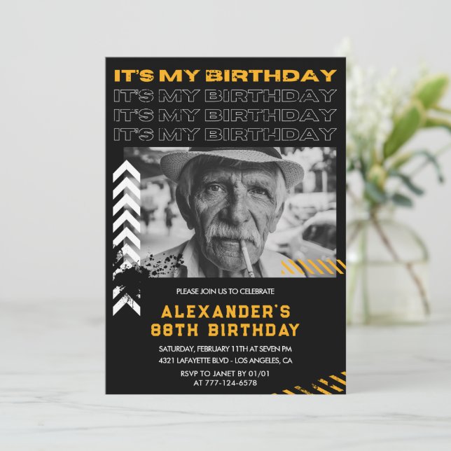 Black Men Photo Spray paint 88th birthday Invitation (Standing Front)
