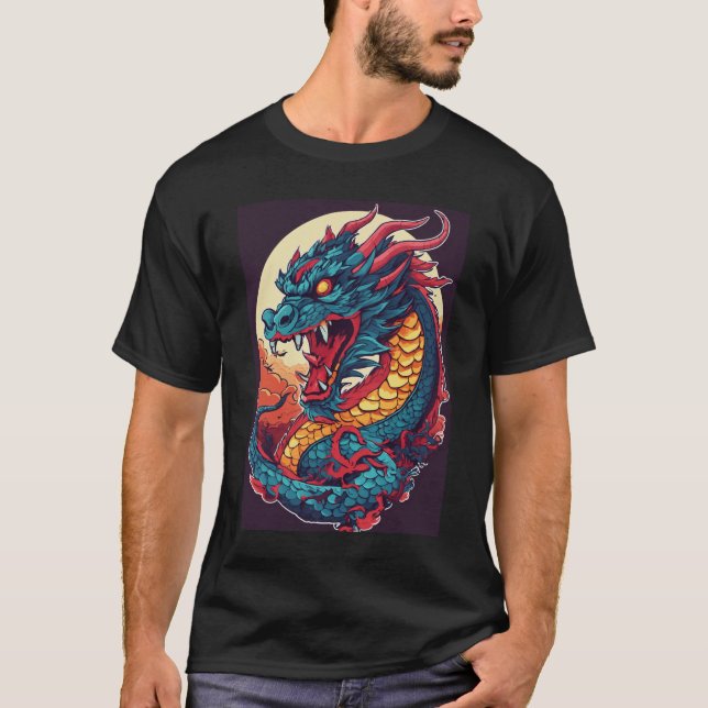 Black Mens Tshirt with Dragon Design On Front (Front)