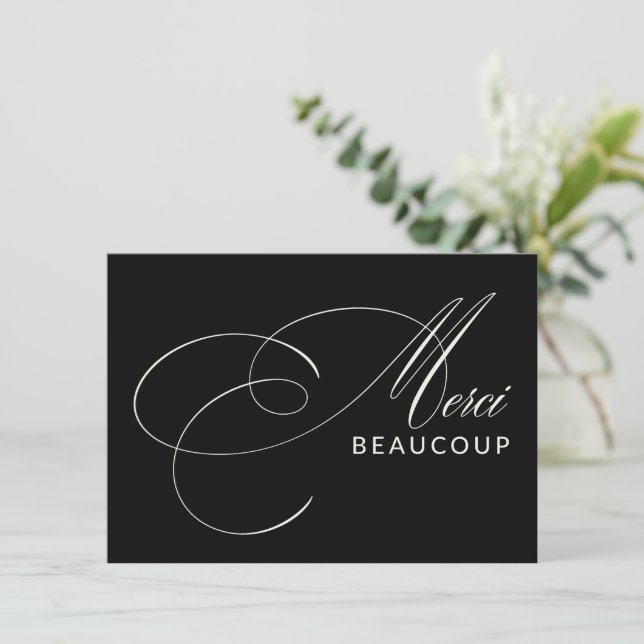 Black Merci Beaucoup Elegant Calligraphy Thank You (Standing Front)