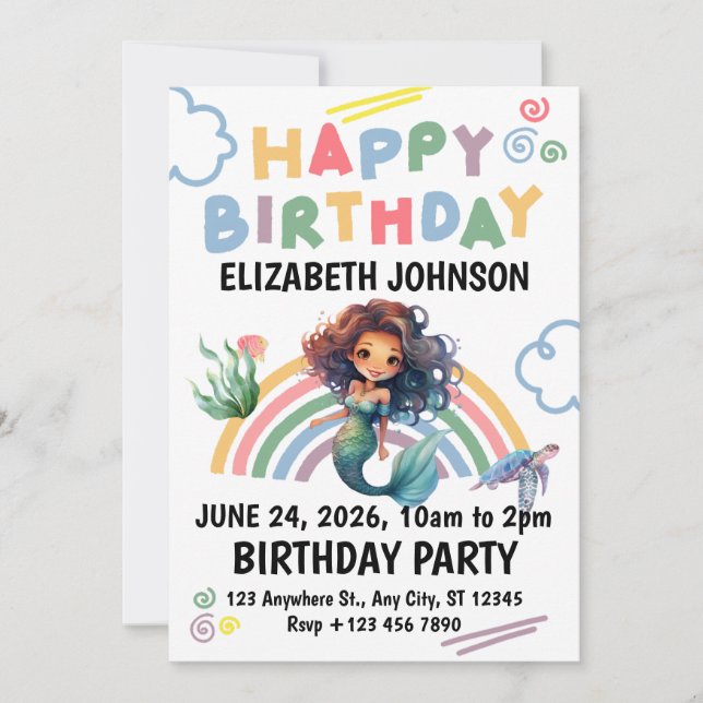 Black Mermaid Birthday Invitation in White  (Devant)