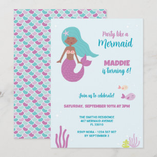 Black Mermaid Birthday Party Invitation