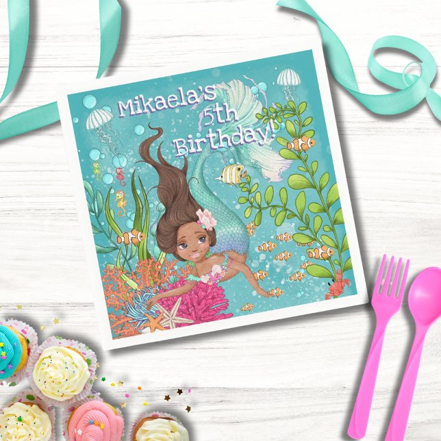 Black Mermaid Brown Hair Under the Sea Birthday Napkin (Creator Uploaded)