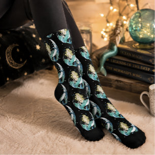 Black Mermaid Crescent Moon Fantasy Art Deco Socks
