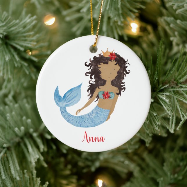 Black Mermaid Cute Little Girl Personalized Name Ceramic Ornament (Tree)