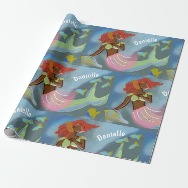 Black Mermaid Personalized Name Pattern Wrapping Paper (Unrolled)
