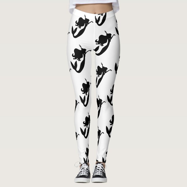 Black  Mermaid Silhouette Thunder_Cove Leggings (Front)