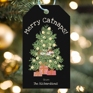 Black Merry Catnaps! Cute Cat on Chistmas Tree   Gift Tags