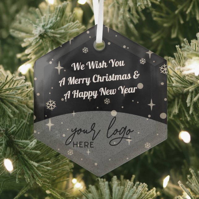 Black Merry Christmas Business Logo simple decor Glass Ornament (Insitu)