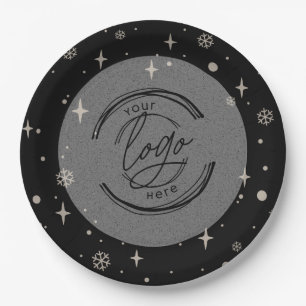 Black Merry Christmas Business Logo Snowflake Paper Plate