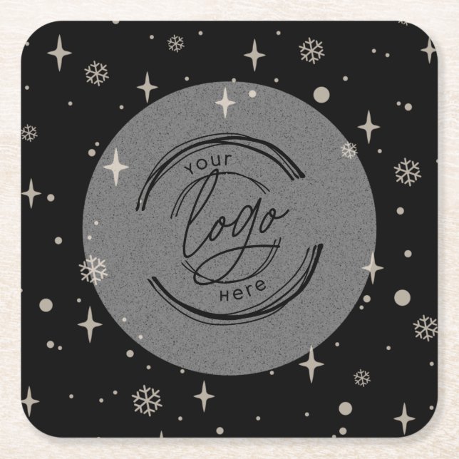 Black Merry Christmas Business Logo Snowflake Square Paper Coaster (Front)