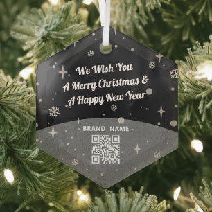 Black Merry Christmas Business Name QR code simple Glass Ornament