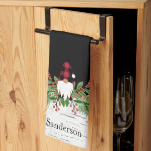 Black Merry Christmas Red Buffalo Plaid Gnome Kitchen Towel