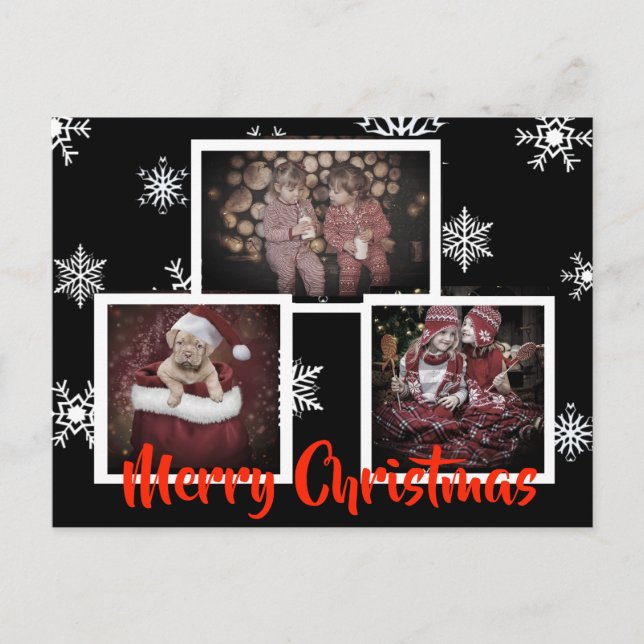 Black Merry Christmas Snowflake Personalized Photo Postcard (Front)
