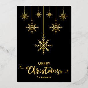 Black Merry Christmas Snowflakes Gold Foil Holiday Card