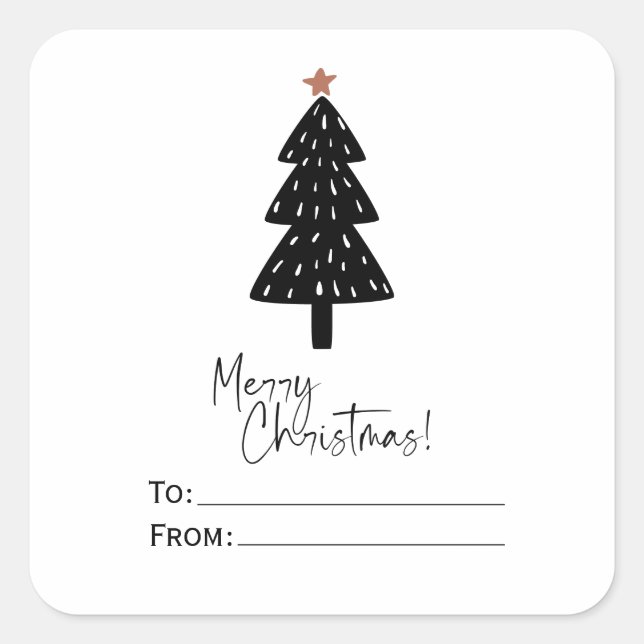 Black Merry Christmas Tree Gold Star Square Sticker (Front)