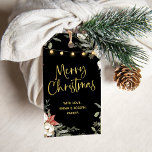 Black Merry Christmas | Winter Floral and Gold Gift Tags<br><div class="desc">These beautiful holiday gift tags feature a dark black background,  with pretty winter florals and pine and an illustration of string lights. Modern gold script says "Merry Christmas."</div>