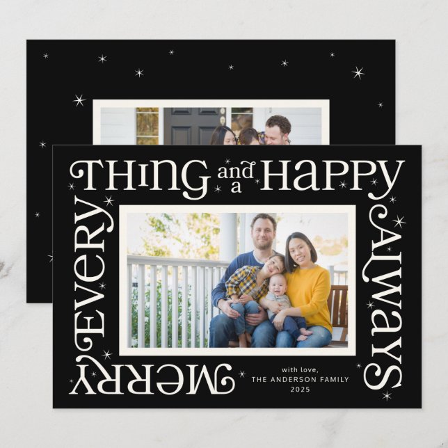 Black Merry Everything and Happy Always Photo Holiday Card (Front/Back)