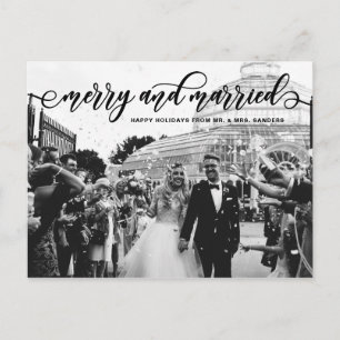 Black Merry & Married Calligraphy Wedding Holiday Postcard