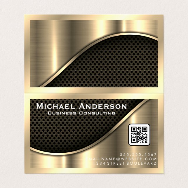 Black Mesh and Metallic Gold | QR Code Business Card (Outside Unfolded)