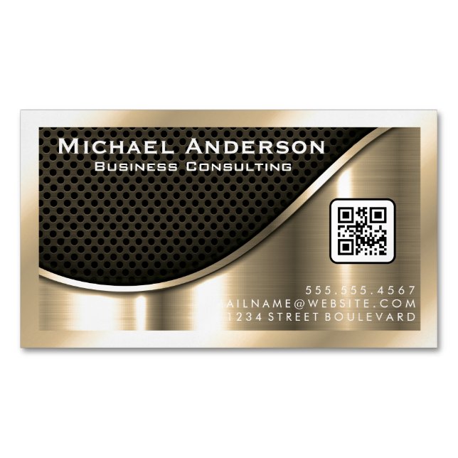 Black Mesh and Metallic Gold | QR Code Magnetic Business Card (Front)