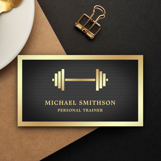 Black Mesh Gold Dumbbell Fitness Personal Trainer Business Card (Creator Uploaded)