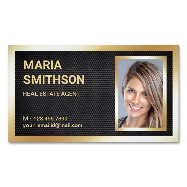 Black Mesh Gold Foil Real Estate Realtor Photo Magnetic Business Card (Front)