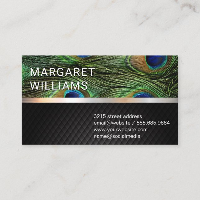 Black Mesh | Silver Metallic Peacock Feathers Business Card (Front)