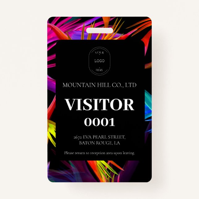 Black Messy Tropical Colourful Visitor Card Badge (Front)