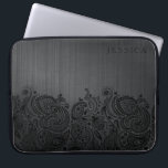 Black Metallic Background & Black Paisley Lace Laptop Sleeve<br><div class="desc">Black brushed aluminum print and black black paisley lace. Custom and optional monogram.</div>