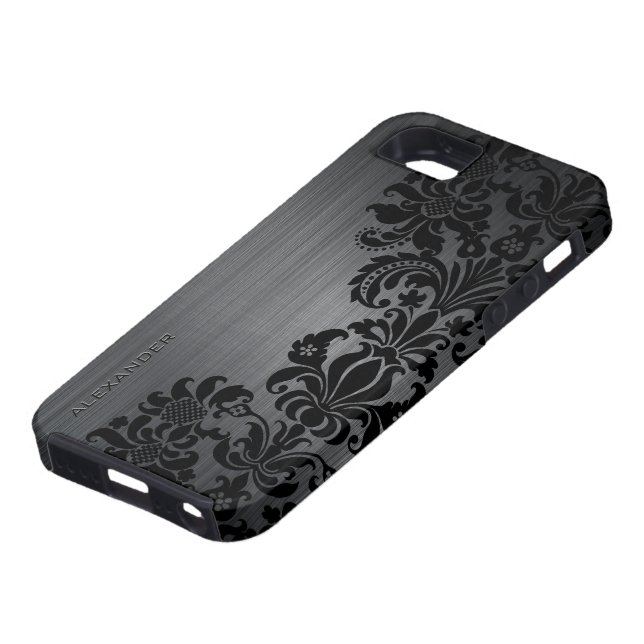 Black Metallic Brushed Aluminum & Floral Damasks Case-Mate iPhone Case (Bottom)