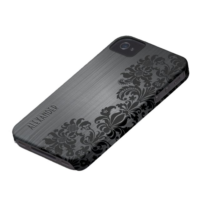 Black Metallic Brushed Aluminum & Floral Damasks Case-Mate iPhone Case (Bottom)