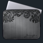 Black Metallic Brushed Aluminum & Floral Damasks Laptop Sleeve<br><div class="desc">Black brushed aluminum metal pattern look and black vintage ornate floral damasks. Custom and optional monogram. Available on other products</div>