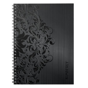 Black Metallic Brushed Aluminum & Floral Lace  Notebook