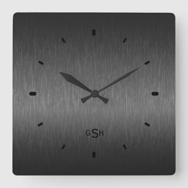 Black Metallic Design Brushed Aluminum Look Square Wall Clock (Front)