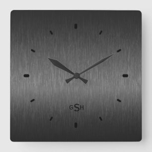 Black Metallic Design Brushed Aluminum Look Square Wall Clock