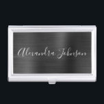 Black Metallic Foil Modern Business Business Card Holder<br><div class="desc">Black Foil Metallic Stainless Steel Minimalist Business Card Holder with white lettered script signature typography for the monogram. The Foil Metal Business Card Holders can be customized with your name. Please contact the designer for customized matching items.</div>