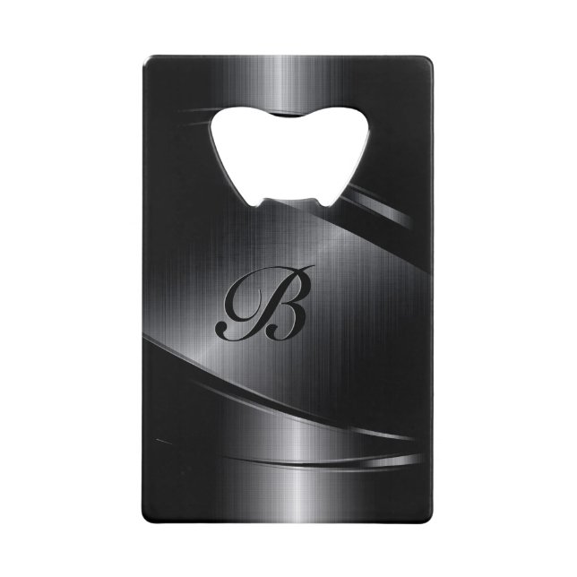 Black Metallic Geometric Design Monogram Credit Card Bottle Opener (Front)