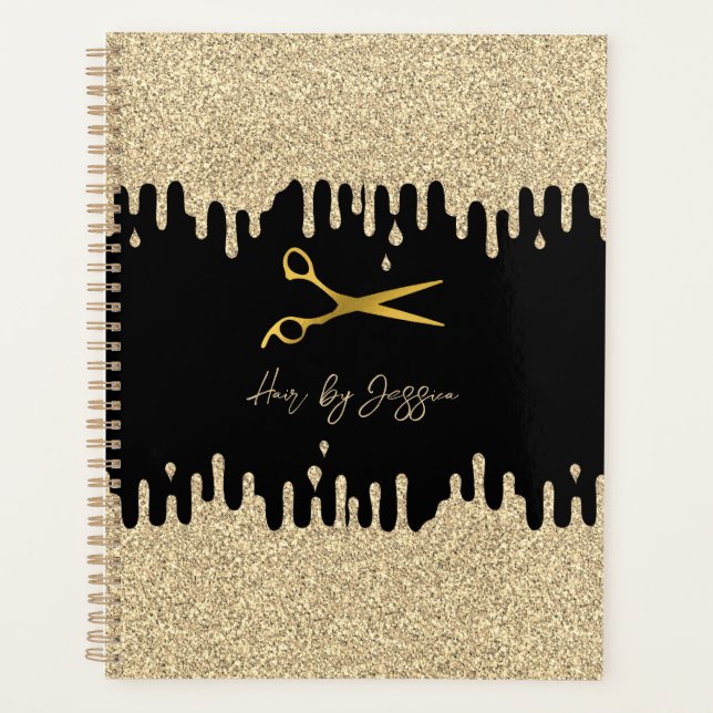 Black & Metallic Gold Drips Hair Salon Appointment Planner (Front)