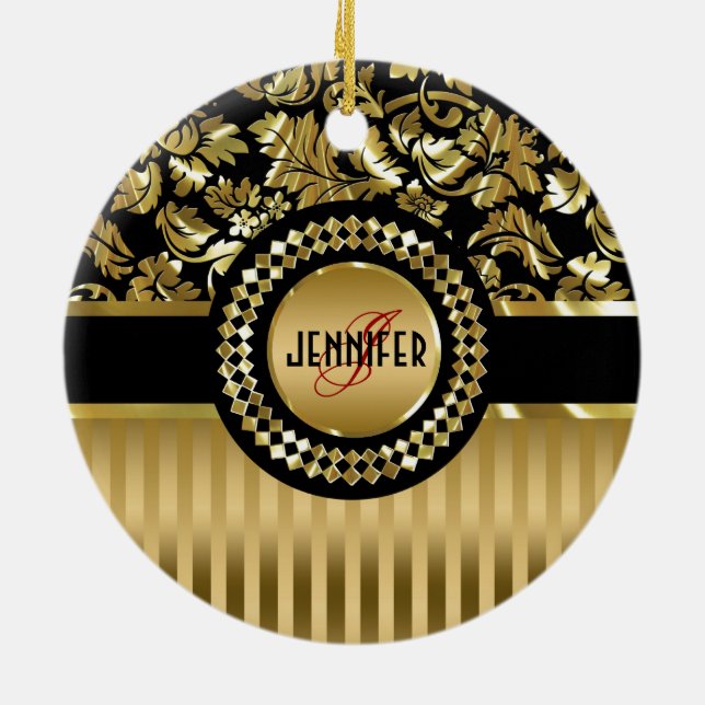 Black & Metallic Gold Floral Damasks & Stripes Ceramic Ornament (Back)
